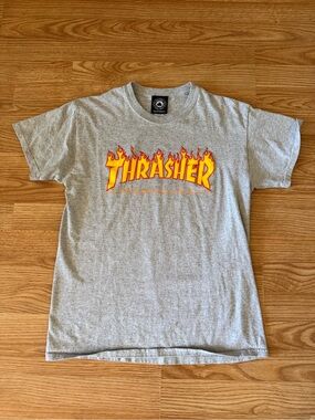 Thrasher Grey Tee with Yellow and Orange Flame Logo